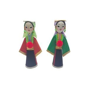 2 Vtg Wooden Handmade Ethnic Folk Art Asian Dolls 6.25" Collectible Souvenir